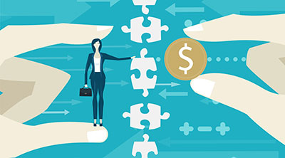 illustration: woman, puzzle pieces, dollar sign