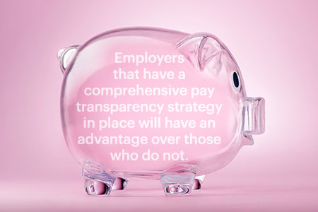 transparent glass piggy bank against pink background with callout: Employers that have a comprehensive pay transparency strategy in place will have an advantage over those who do not. 