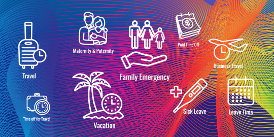 graphic featuring icons showing types of work leave including sick, family emergency, vacation, etc.