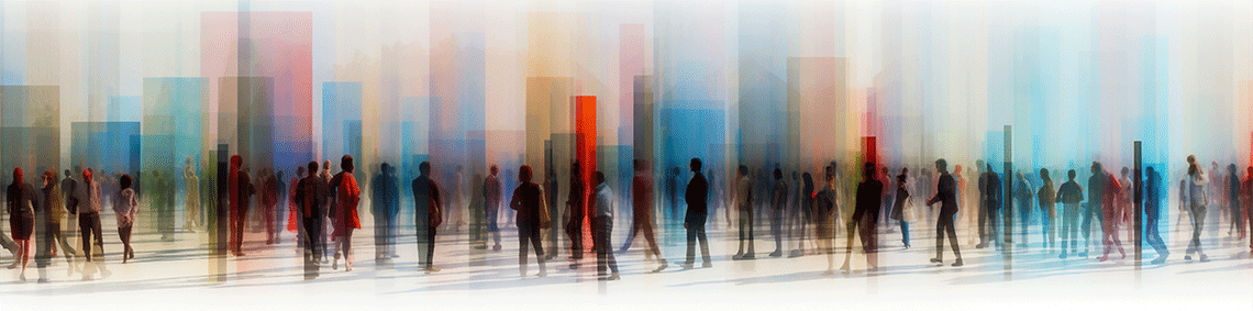 abstract image of people lined up with multi color background all in soft focus