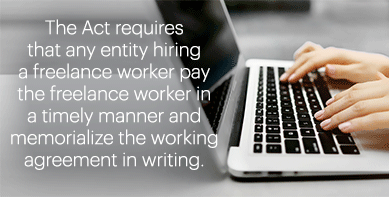 cropped photo of womans hands typing on laptop with callout: The Act requires that any entity hiring a freelance worker (the “hiring party”) pay the freelance worker in a timely manner and memorialize the working agreement in writing. 