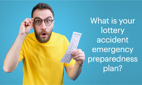 man looking at lottery ticket with surprise and joy, callout text: What is your lottery accident emergency preparedness plan?