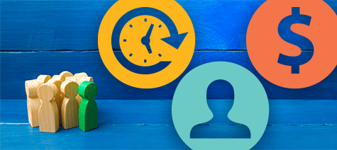 clock, human form, dollar sign icons layered over background photo of group of wooden human forms sitting against blue background