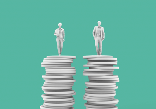 illustration of 2 human forms each standing atop pile of coins against solid green background