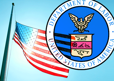 Department of Labor seal layered over american flag with blue sky in background