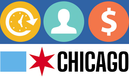 3 graphics in row (clock, human, dollar sign) with City of Chicago logo beneath