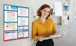 Business woman holding documents standing in front of wall with Labor Law Poster on it.