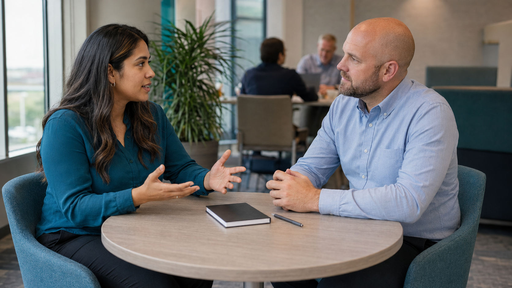 An employee and manager engaged in a genuine one-on-one conversation in a bright, contemporary workplace.