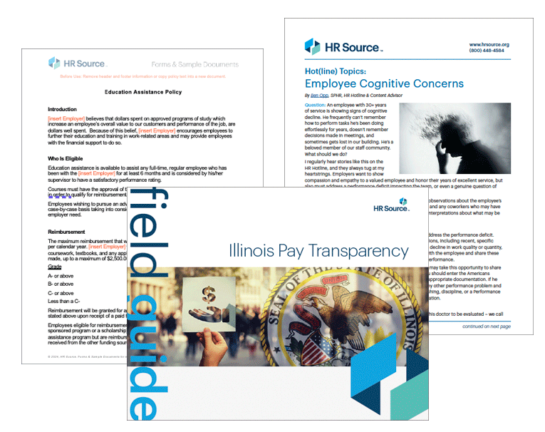 set of 3 items including: Field Guide to Pay Transparency Hotline topic article: Employee Cognitive Concerns, Tuition Reimbursement Education Assistance policy